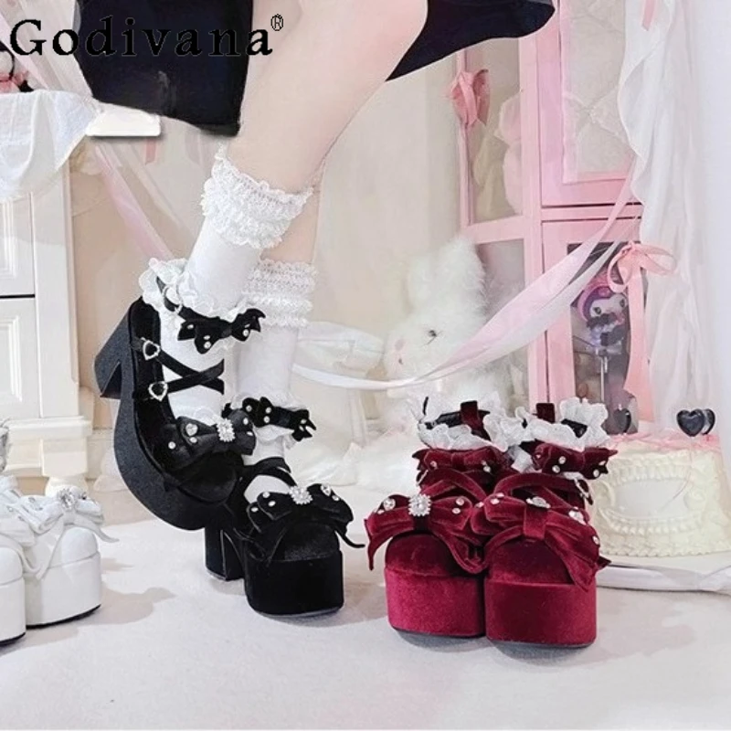 Original Lolita High Heels Women's Sweet Elegant Bow Velvet Mary Jane Shoes Spring and Autumn Birthday Party Cos Platform Shoes 
Original Lolita High Heels Women's Sweet Elegant Bow Velvet Mary Jane Shoes Spring and Autumn Birthday Party Cos Platform Shoes