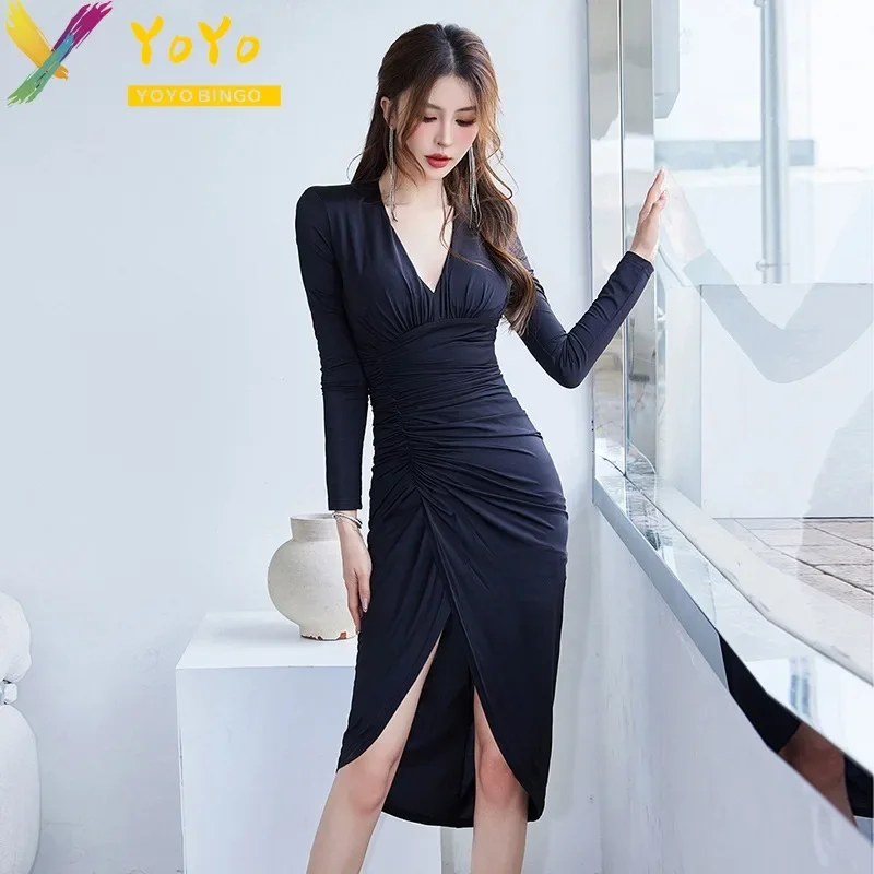 Elegant Formal Black V-neck Long Sleeve Split Dress Autumn 2024 Fashion Temperament Slim Fit Party Nightclub Dress
Elegant Formal Black V-neck Long Sleeve Split Dress Autumn 2024 Fashion Temperament Slim Fit Party Nightclub Dress