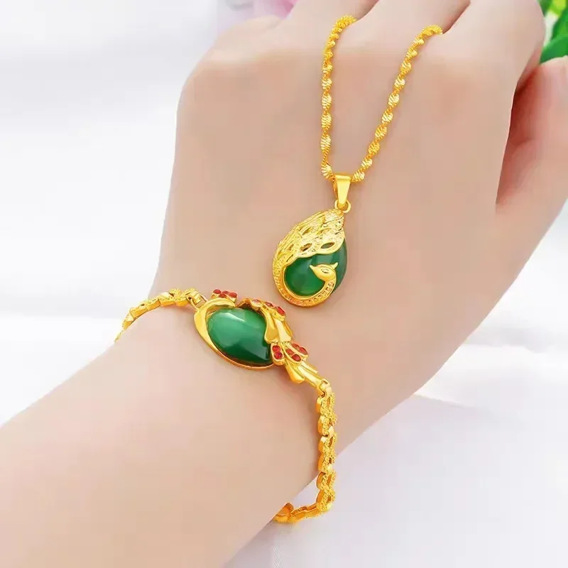 Ladies' 24K AU9999 Real Yellow Gold Necklace & Bracelet Set - Peacock Pendant with Cat's Eye, AU750 Gold Accents
Ladies' 24K AU9999 Real Yellow Gold Necklace & Bracelet Set - Peacock Pendant with Cat's Eye, AU750 Gold Accents