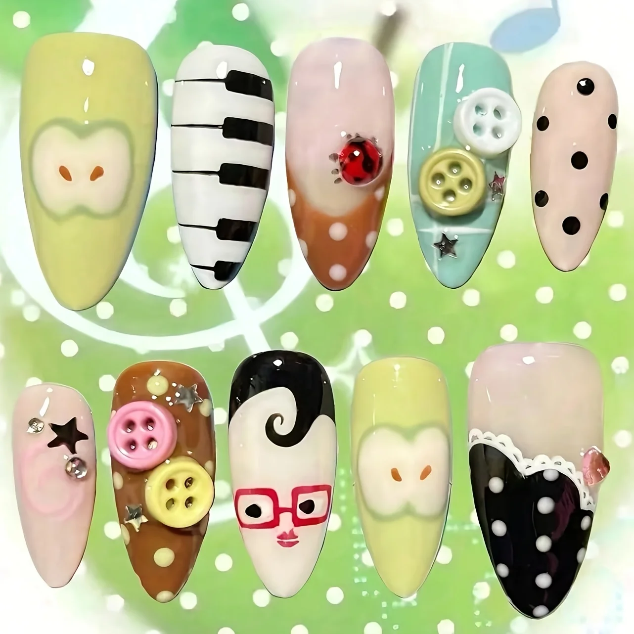 10pcs Medium Almond Long Nails Light Green White Black Nude Brown Mint Blue Press On Nails with Piano Key Apple Ladybug Buttons
10pcs Medium Almond Long Nails Light Green White Black Nude Brown Mint Blue Press On Nails with Piano Key Apple Ladybug Buttons