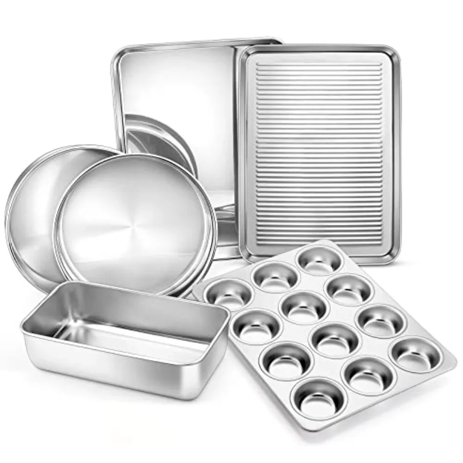 6-Piece Baking Pans set, Stainless Steel Bakeware Set for Oven, Include 8-Inch Cake Pan/Rectangle Baking Cookie Sheet/Muffin/Lo
6-Piece Baking Pans set, Stainless Steel Bakeware Set for Oven, Include 8-Inch Cake Pan/Rectangle Baking Cookie Sheet/Muffin/Lo