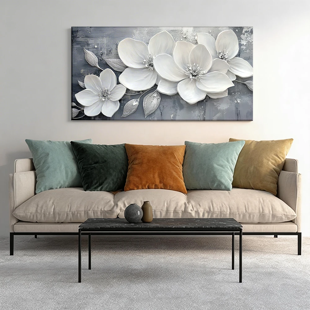 Large-sized solid wood frame canvas painting 1pc White flower wall decor, silver.
Large-sized solid wood frame canvas painting 1pc White flower wall decor, silver.