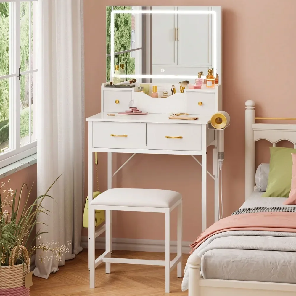 60cm Large Mirror Vanity Table With 4 Drawers Stool, White Makeup Dressing Desk With Power Outlet, 3 Color Adjustable Brightnes
60cm Large Mirror Vanity Table With 4 Drawers Stool, White Makeup Dressing Desk With Power Outlet, 3 Color Adjustable Brightnes