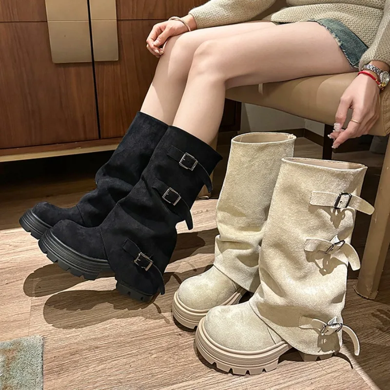 Fashion Vintage Belt Buckle Woman Knight Boots Fashion Platform Thick Heel Slip On Mid Calf Booties
Fashion Vintage Belt Buckle Woman Knight Boots Fashion Platform Thick Heel Slip On Mid Calf Booties