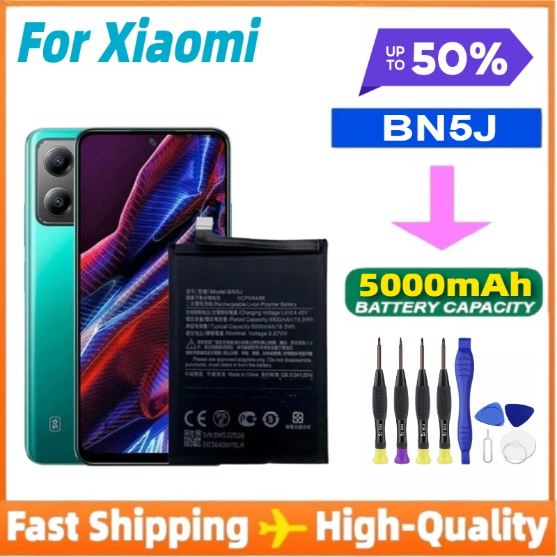 BN5J 5000mAh Phone Battery for Xiaomi Redmi Note 12 5G / 12T Pro / POCO X5 5G Replacement Batteries
BN5J 5000mAh Phone Battery for Xiaomi Redmi Note 12 5G / 12T Pro / POCO X5 5G Replacement Batteries