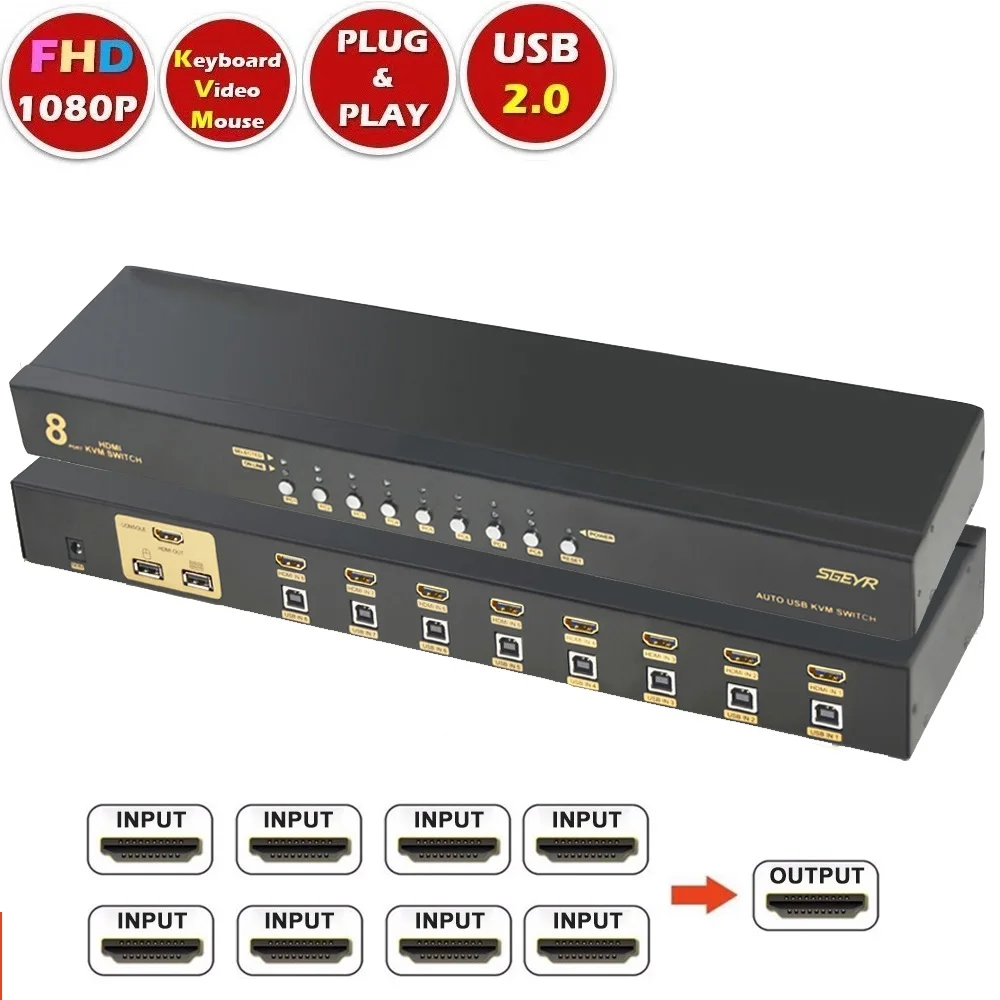 Переключатель HDMI SGEYR KVM с 8 портами USB, 8 входами и 1 выходом, поддержка 1080P, 3D кнопок, внешняя клавиша для компьютера и ноутбука
Переключатель HDMI SGEYR KVM с 8 портами USB, 8 входами и 1 выходом, поддержка 1080P, 3D кнопок, внешняя клавиша для компьютера и ноутбука