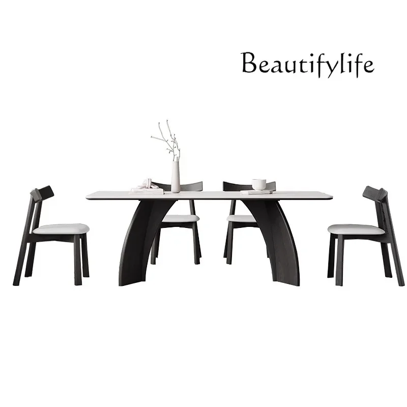 Simple modern pure white rock slab dining table rectangular French household black solid wood dining table and chairs
Simple modern pure white rock slab dining table rectangular French household black solid wood dining table and chairs