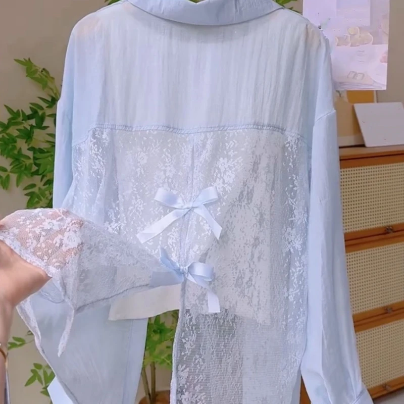 Women's Summer Back Lace Howllow Out Bowknot Sunscreen Shirts Lady Graceful Joker Blue Polo Thin Blouse 2025 New Tops Female
Women's Summer Back Lace Howllow Out Bowknot Sunscreen Shirts Lady Graceful Joker Blue Polo Thin Blouse 2025 New Tops Female