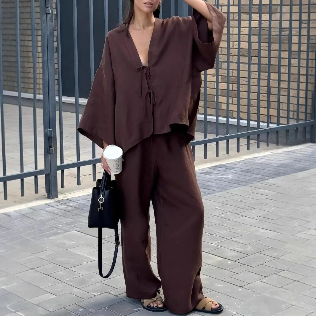Women's Cotton Pant Suit Casual Loose Lace-up V-neck Shirt Trousers Two Piece Set Summer New Lady Vocation Streetwear Outfits
Women's Cotton Pant Suit Casual Loose Lace-up V-neck Shirt Trousers Two Piece Set Summer New Lady Vocation Streetwear Outfits