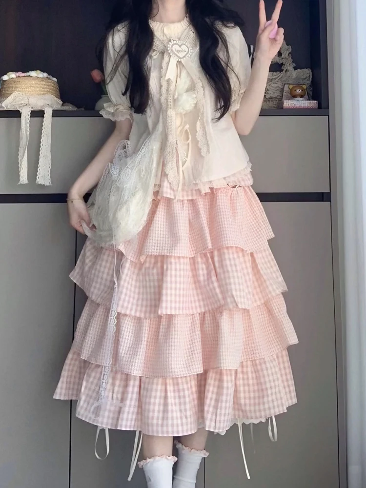 Cute Sweet Sister Dopaamine Summer Outfit Women's Plaid Ribbon Tie Shirt Cake Skirt Two Piece Set High Waist Polyester Fiber
Cute Sweet Sister Dopaamine Summer Outfit Women's Plaid Ribbon Tie Shirt Cake Skirt Two Piece Set High Waist Polyester Fiber