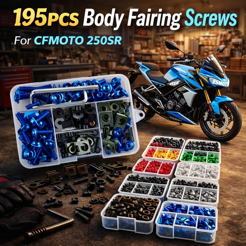 195pcs Motorcycle Fairing Bolts Body Screws Nuts For CFMOTO 250SR Papio XO-1 Kit Aluminum CNC Fasteners Clips Set Accessories
195pcs Motorcycle Fairing Bolts Body Screws Nuts For CFMOTO 250SR Papio XO-1 Kit Aluminum CNC Fasteners Clips Set Accessories