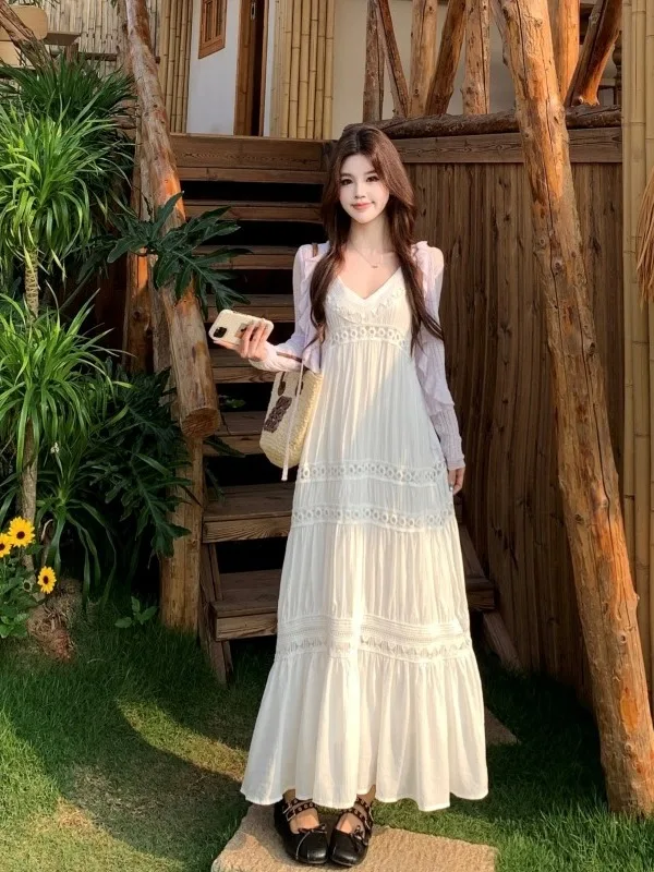 plus Size Summer Vacation White Hollow out Strap Dress Women's Thin Purple Open Cardigan Top Korean Style High Waist Cotton
plus Size Summer Vacation White Hollow out Strap Dress Women's Thin Purple Open Cardigan Top Korean Style High Waist Cotton