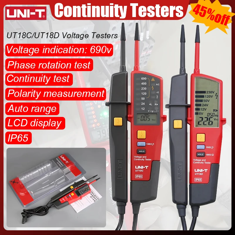 UNI-T UT18C UT18D Voltage Tester Voltage Detector Probes AC DC Digital Voltmeter Auto Range IP65 Waterproof Meter Voltage Tester
UNI-T UT18C UT18D Voltage Tester Voltage Detector Probes AC DC Digital Voltmeter Auto Range IP65 Waterproof Meter Voltage Tester
