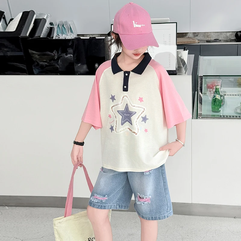 Korean Fashion Kids Girl y2k Star Print Polo Collar Short-Sleeved T-shirt Denim Shorts 3PCS Street Clothes Set Child Summer Suit
Korean Fashion Kids Girl y2k Star Print Polo Collar Short-Sleeved T-shirt Denim Shorts 3PCS Street Clothes Set Child Summer Suit