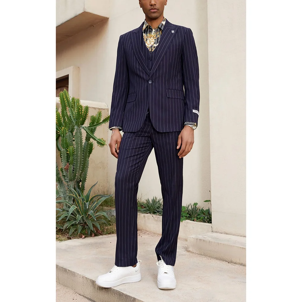Navy Blue Stripe Peaked Lapel Single Button Men Suits Wedding Formal Party Fashion Man Sets Banquet Sets 3 PCS Jacket+Pants+Vest
Navy Blue Stripe Peaked Lapel Single Button Men Suits Wedding Formal Party Fashion Man Sets Banquet Sets 3 PCS Jacket+Pants+Vest