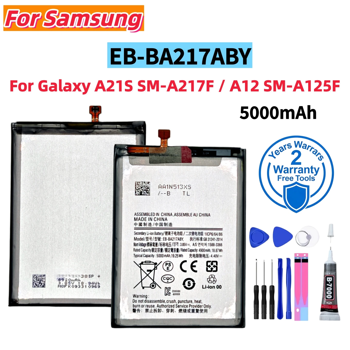 New 5000mAh EB-BA217ABY Phone Battery For Samsung Galaxy A21s A13 4G SM-A217F / A12 SM-A125F Replace the battery+Tools
New 5000mAh EB-BA217ABY Phone Battery For Samsung Galaxy A21s A13 4G SM-A217F / A12 SM-A125F Replace the battery+Tools
