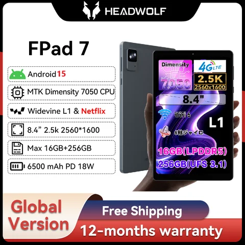 Headwolf FPad7 Tablet Android 15 da 8 pollici 2560x1600 16GB LPDDR5+256GB UFS 3.1, 6500mAh PD18W, fotocamera 8MP/16MP, SIM 4G LTE WiFi 6