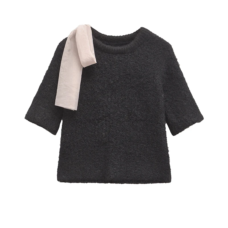YENKYE New Women Short Sleeve O Neck With Organza Bow Knit Sweater Casual Black Crop Pullover Tops
YENKYE New Women Short Sleeve O Neck With Organza Bow Knit Sweater Casual Black Crop Pullover Tops