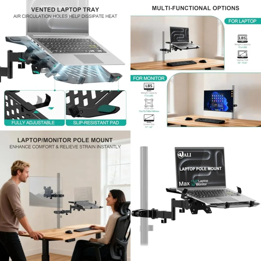 Laptop Pole Mount, Adjustable Laptop Arm Holder Fits 10"-15.6" Laptops, 2-in-1 Full Motion Monitor Mount with Removable Tray, VESA 75x75 or 100x100 mm, Holds up to 15.4lbs(011ARMLPN), Black
Laptop Pole Mount, Adjustable Laptop Arm Holder Fits 10"-15.6" Laptops, 2-in-1 Full Motion Monitor Mount with Removable Tray, VESA 75x75 or 100x100 mm, Holds up to 15.4lbs(011ARMLPN), Black