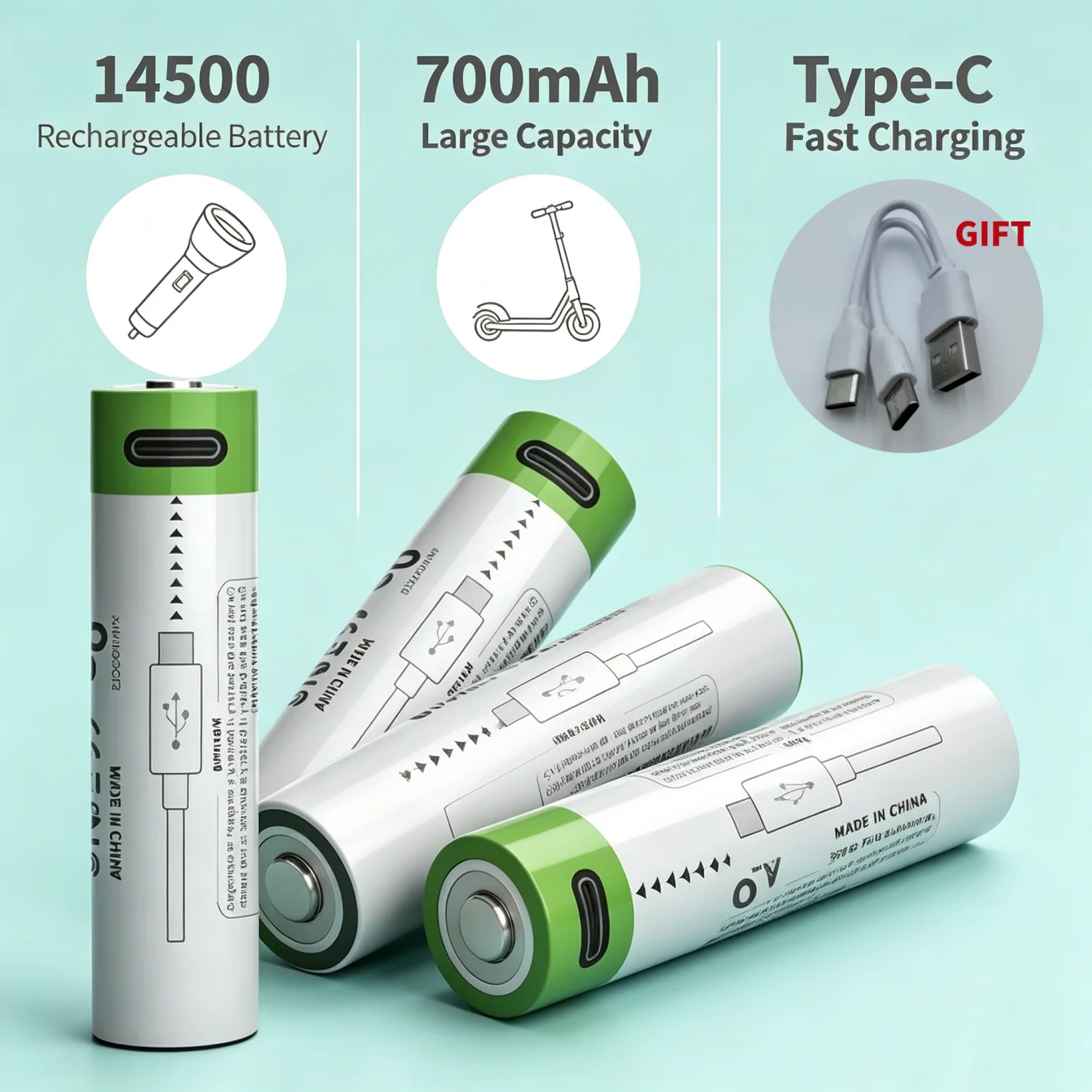 3.7V 14500 Rechargeable Lithium Battery w/ Multi-in-1 Cable 700mAh Type-C Fast Charging AA Size for Flashlight Electric Scooter
3.7V 14500 Rechargeable Lithium Battery w/ Multi-in-1 Cable 700mAh Type-C Fast Charging AA Size for Flashlight Electric Scooter