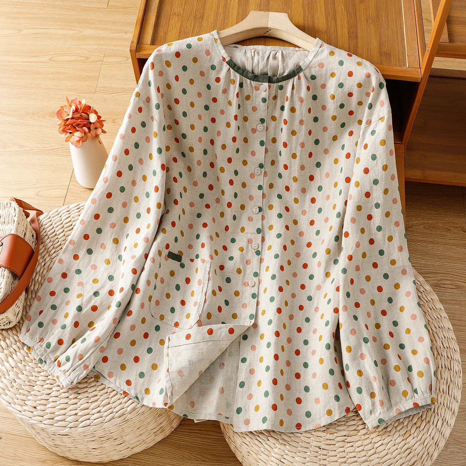 Spring Autumn Cotton Linen Casual Long Sleeve round Neck Polka Dot Shirt Women Breathable Comfortable Loose Fit T-Shirt
Spring Autumn Cotton Linen Casual Long Sleeve round Neck Polka Dot Shirt Women Breathable Comfortable Loose Fit T-Shirt