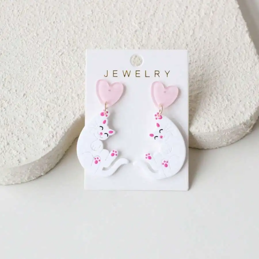 White Cute Kitty And Pink Heart Acrylic Dangle Earrings For Women Glossy Playful Elegant
White Cute Kitty And Pink Heart Acrylic Dangle Earrings For Women Glossy Playful Elegant