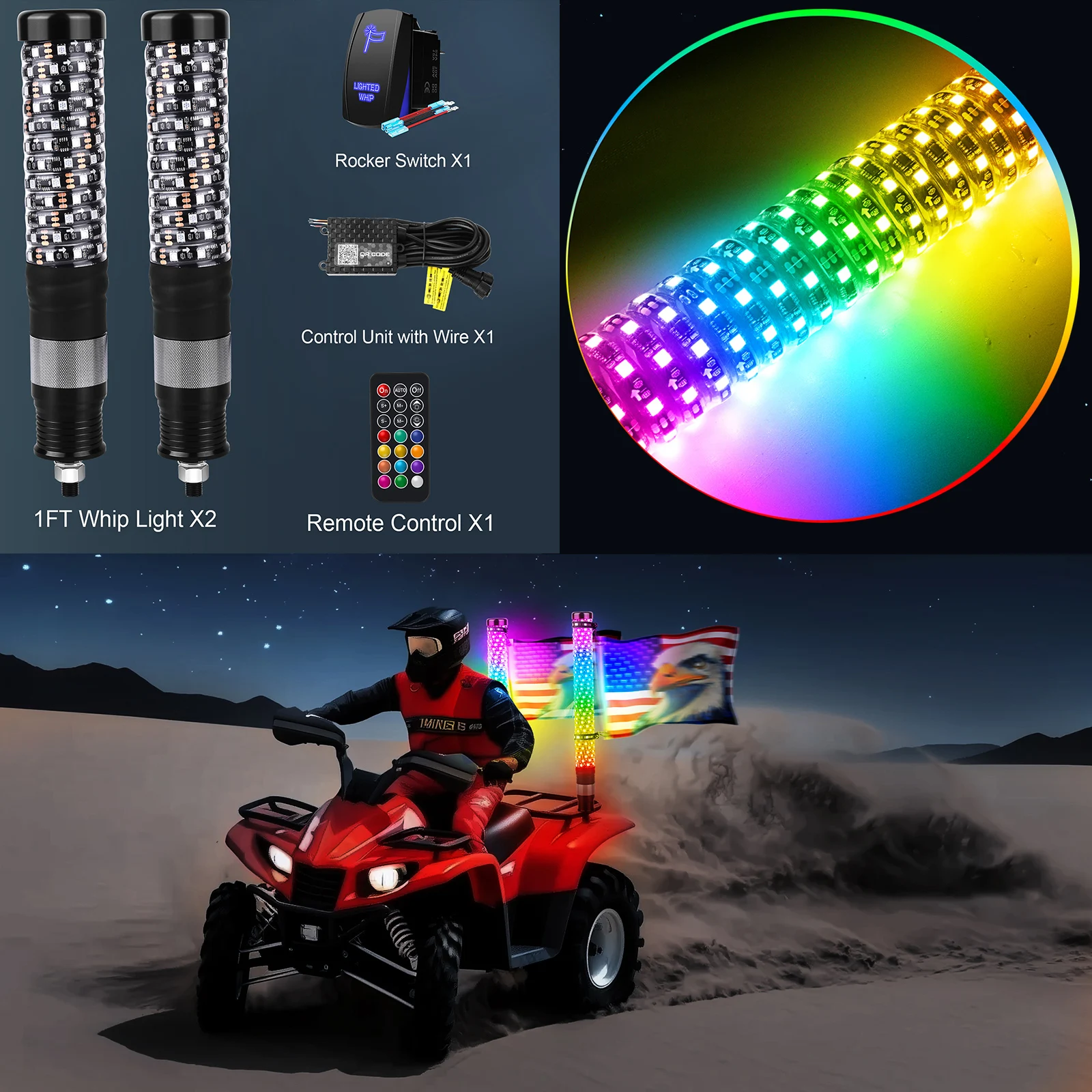 Smart LED Whip Lights – 1FT APP or Remote Controlled, RGB Color-Changing, Waterproof, Flexible Antenna Flagpole Lights for UTV
Smart LED Whip Lights – 1FT APP or Remote Controlled, RGB Color-Changing, Waterproof, Flexible Antenna Flagpole Lights for UTV