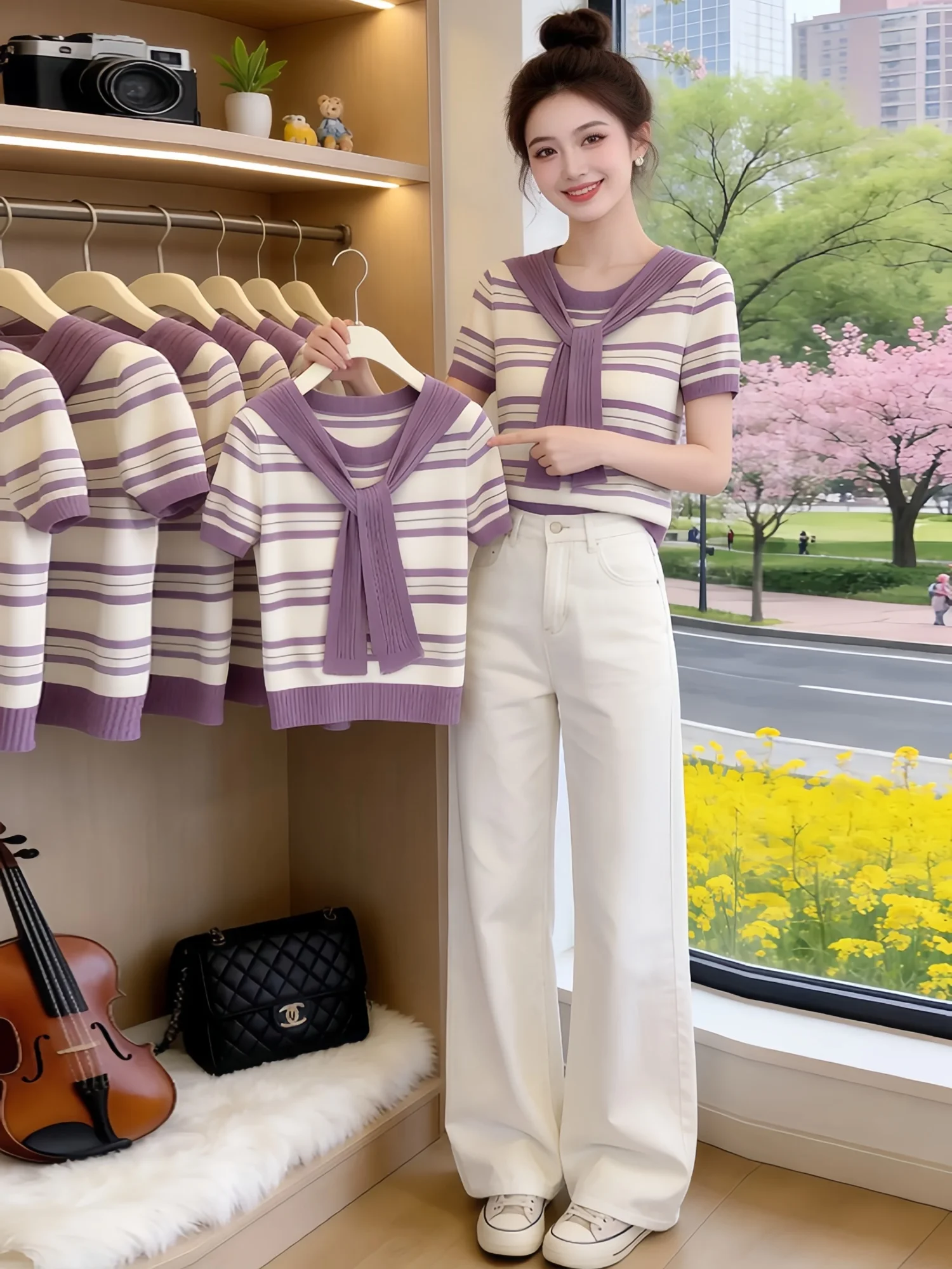 Summer New Women's Knitted Short Sleeve T-shirt with Shoulder Wrap Stripe Casual Slimming Age-defying High Waist Design Top
Summer New Women's Knitted Short Sleeve T-shirt with Shoulder Wrap Stripe Casual Slimming Age-defying High Waist Design Top