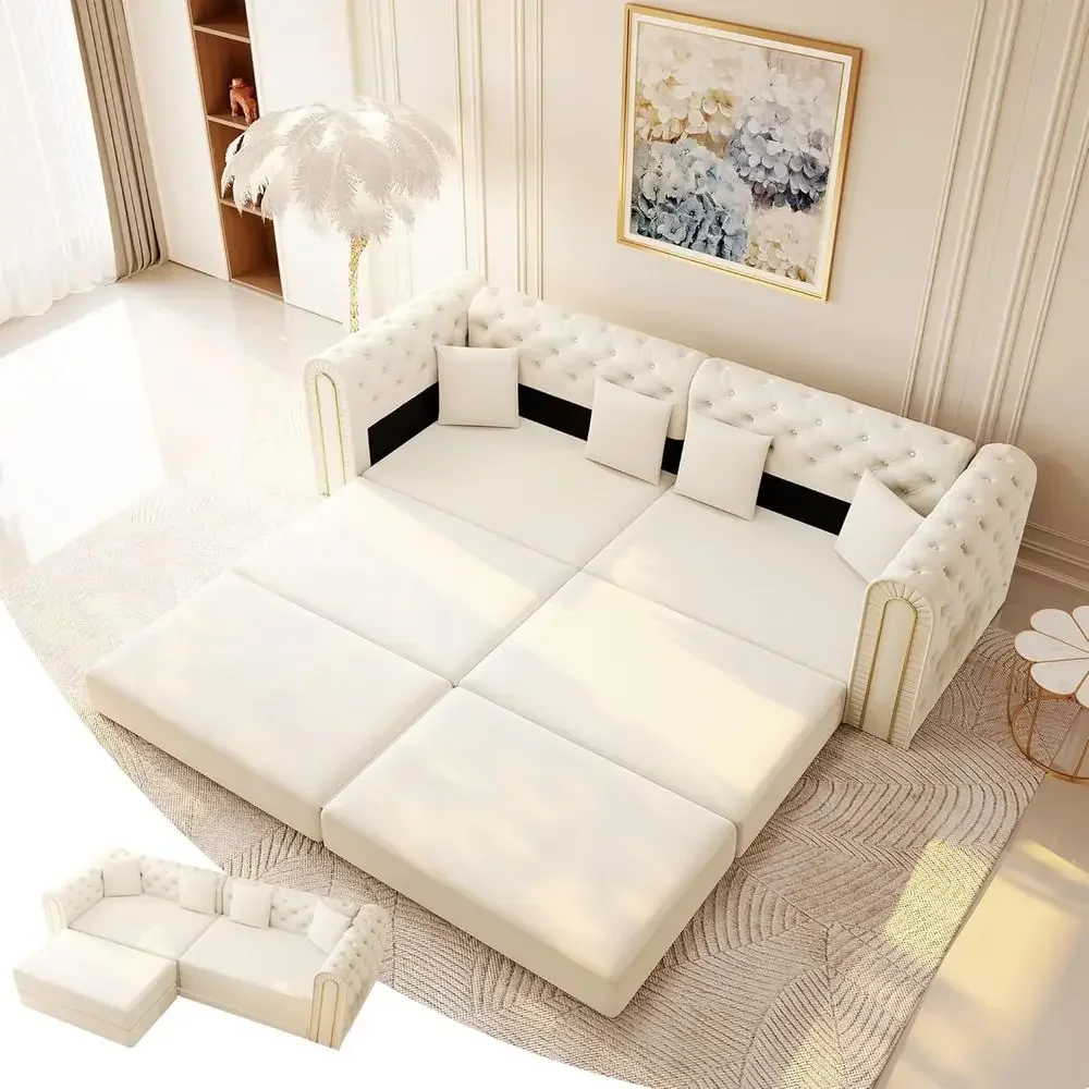 Luxurious Gold-Trimmed Velvet Chesterfield L-Shape Sofa Bed with Pull-Out Floor Couch and 4 Pillows
Luxurious Gold-Trimmed Velvet Chesterfield L-Shape Sofa Bed with Pull-Out Floor Couch and 4 Pillows