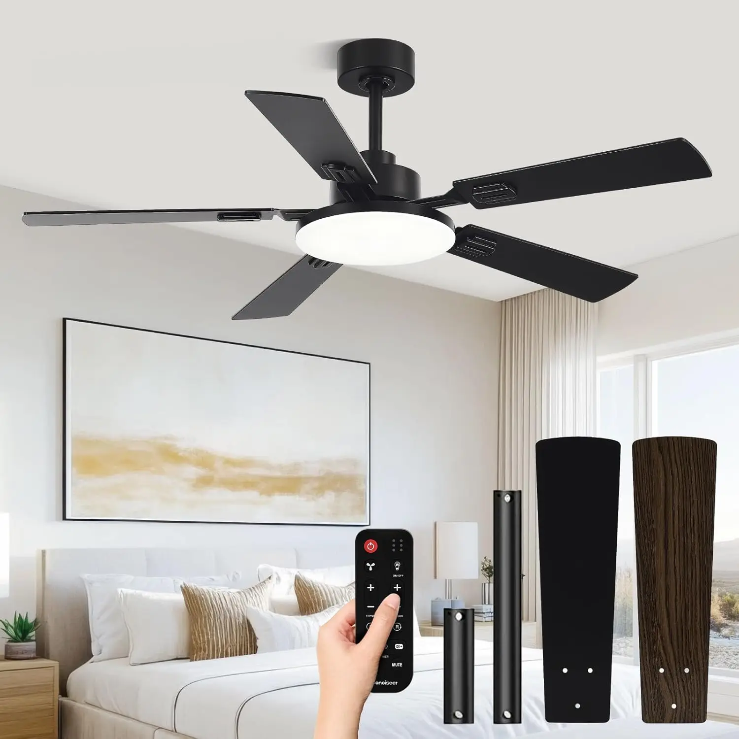 52 Inch Ceiling Fan with Light and Remote, 6CCT Dimmable, 6 Speeds, Reversible DC Motor, Quiet, Black/Wood Grain
52 Inch Ceiling Fan with Light and Remote, 6CCT Dimmable, 6 Speeds, Reversible DC Motor, Quiet, Black/Wood Grain