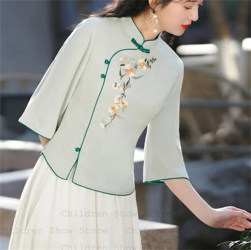 Винтажный топ Ципао с воротником-стойкой, женская элегантная одежда Тан, улучшенный чайный костюм Ханфу, новая рубашка в китайском стиле, элегантная блузка 
Винтажный топ Ципао с воротником-стойкой, женская элегантная одежда Тан, улучшенный чайный костюм Ханфу, новая рубашка в китайском стиле, элегантная блузка