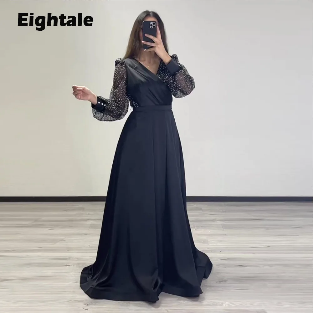 Eightale Formal Women's Evening Dresses Arabic V-Neck Glitter Long Sleeves Black Satin A-Line Party Prom Gowns robe de soirée
Eightale Formal Women's Evening Dresses Arabic V-Neck Glitter Long Sleeves Black Satin A-Line Party Prom Gowns robe de soirée