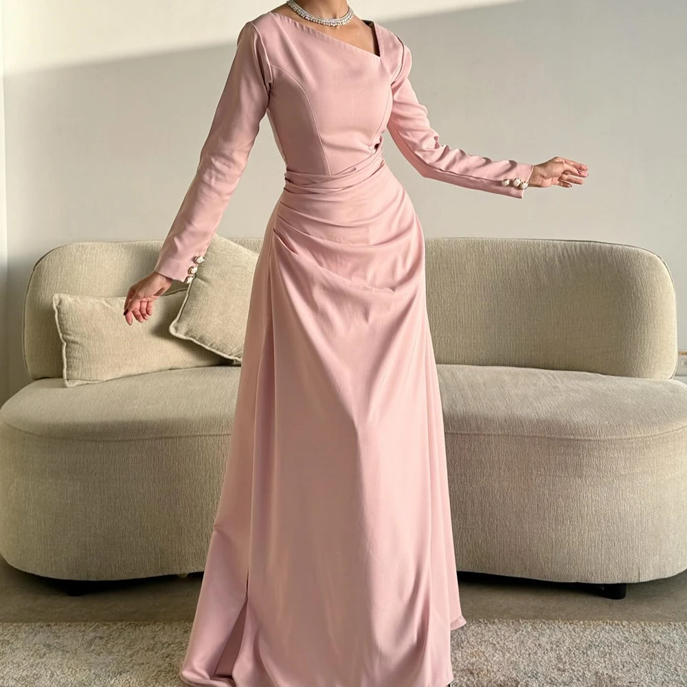 Pink Long Sleeves Jersey Straight Boat Neck Floor Length Evening Dress Elegant Pleats Buttons Sweep Train Party Gowns Formal
Pink Long Sleeves Jersey Straight Boat Neck Floor Length Evening Dress Elegant Pleats Buttons Sweep Train Party Gowns Formal