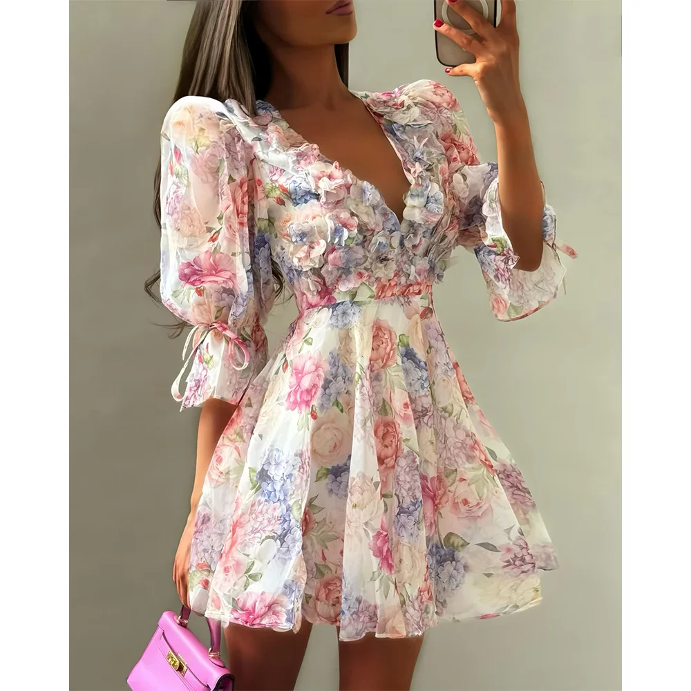 Summer Women Women's 3D Floral Decor Chiffon Mini Dress Floral Print V Neck Puff Sleeve A-Line Vacation Dress
Summer Women Women's 3D Floral Decor Chiffon Mini Dress Floral Print V Neck Puff Sleeve A-Line Vacation Dress