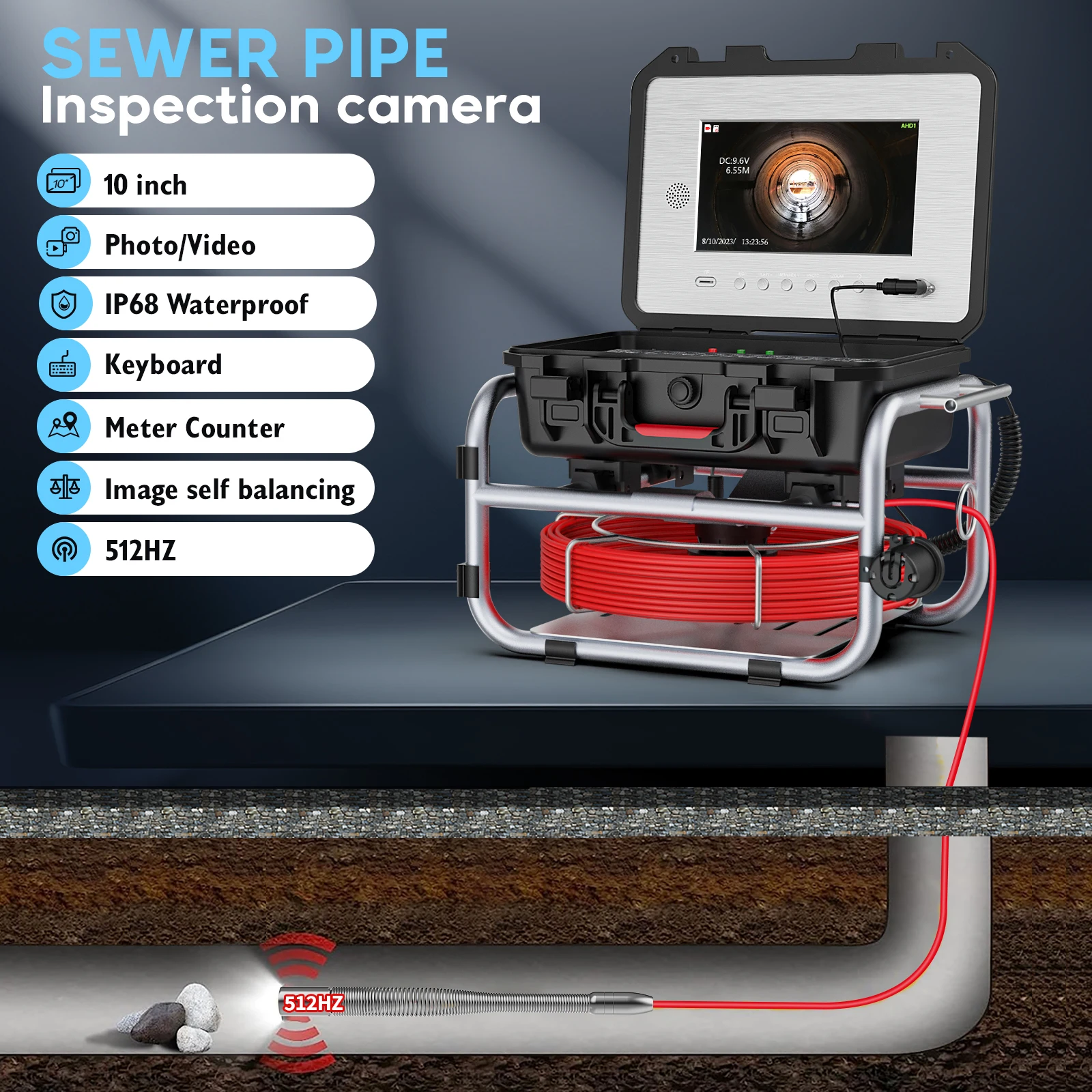 10" IPS Sewer Inspection Camera 23mm with DVR 16GB Card 512Hz Sonde, Endoscope Camera with Keyboard & Meter Counter 4500mAH
10" IPS Sewer Inspection Camera 23mm with DVR 16GB Card 512Hz Sonde, Endoscope Camera with Keyboard & Meter Counter 4500mAH