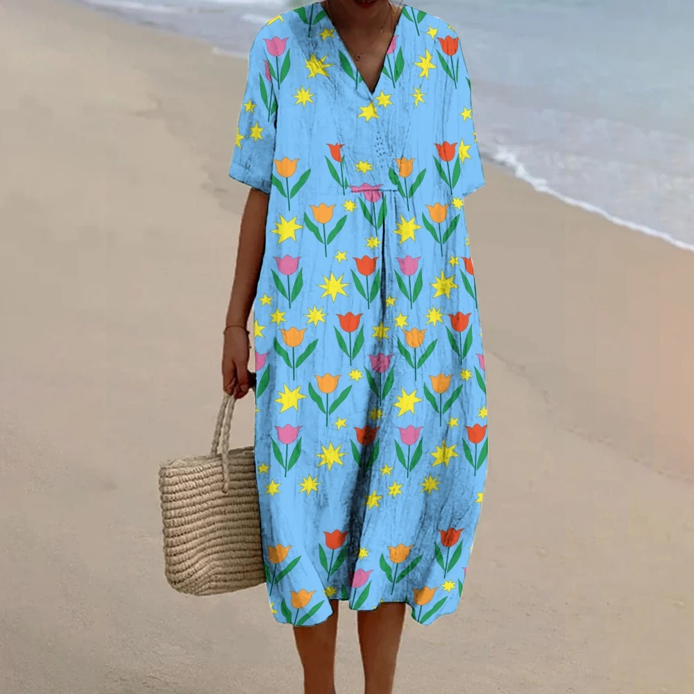 Ladies Casual V-Neck Beach Dress Blue Flower Print Linen Dress Loose Short Sleeve Long Dress Daily Wear Fashion Designer Style
Ladies Casual V-Neck Beach Dress Blue Flower Print Linen Dress Loose Short Sleeve Long Dress Daily Wear Fashion Designer Style
