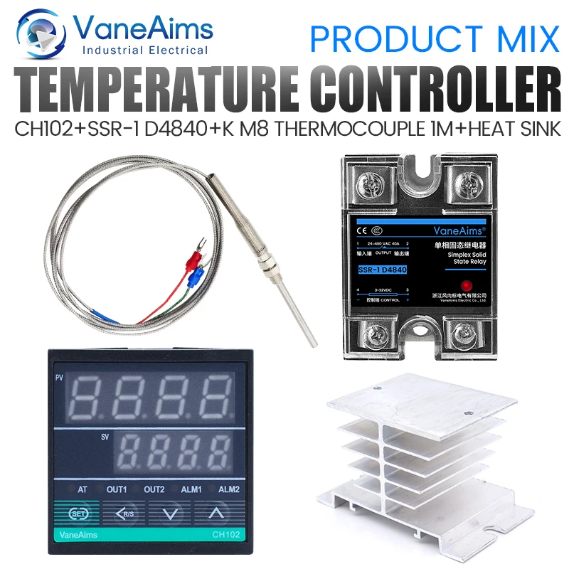 PID Temperature Controller CH102 Digital Thermostat for 220V+ 1m K type Thermocouple Probe Sensor M8 + 40DA SSR Relay + Heatsink
PID Temperature Controller CH102 Digital Thermostat for 220V+ 1m K type Thermocouple Probe Sensor M8 + 40DA SSR Relay + Heatsink