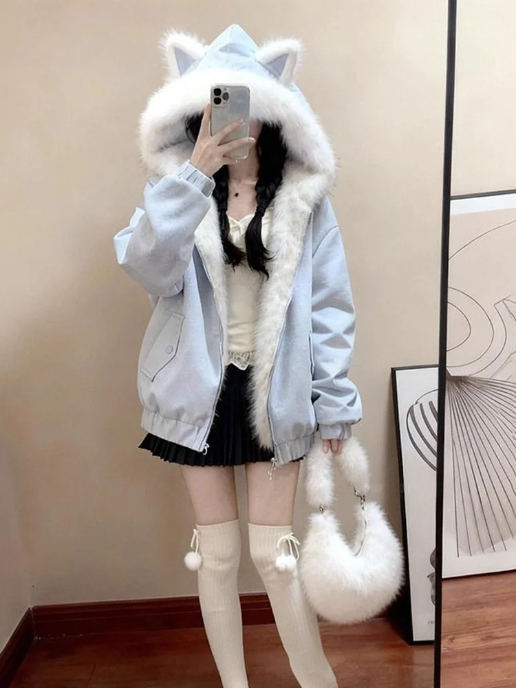 Winter Thickened Double-Sided Wear Hat Ear Design Cotton Jacket Women's Coat Warm Fluffy Ear Cotton Padded Hooded Jacket
Winter Thickened Double-Sided Wear Hat Ear Design Cotton Jacket Women's Coat Warm Fluffy Ear Cotton Padded Hooded Jacket