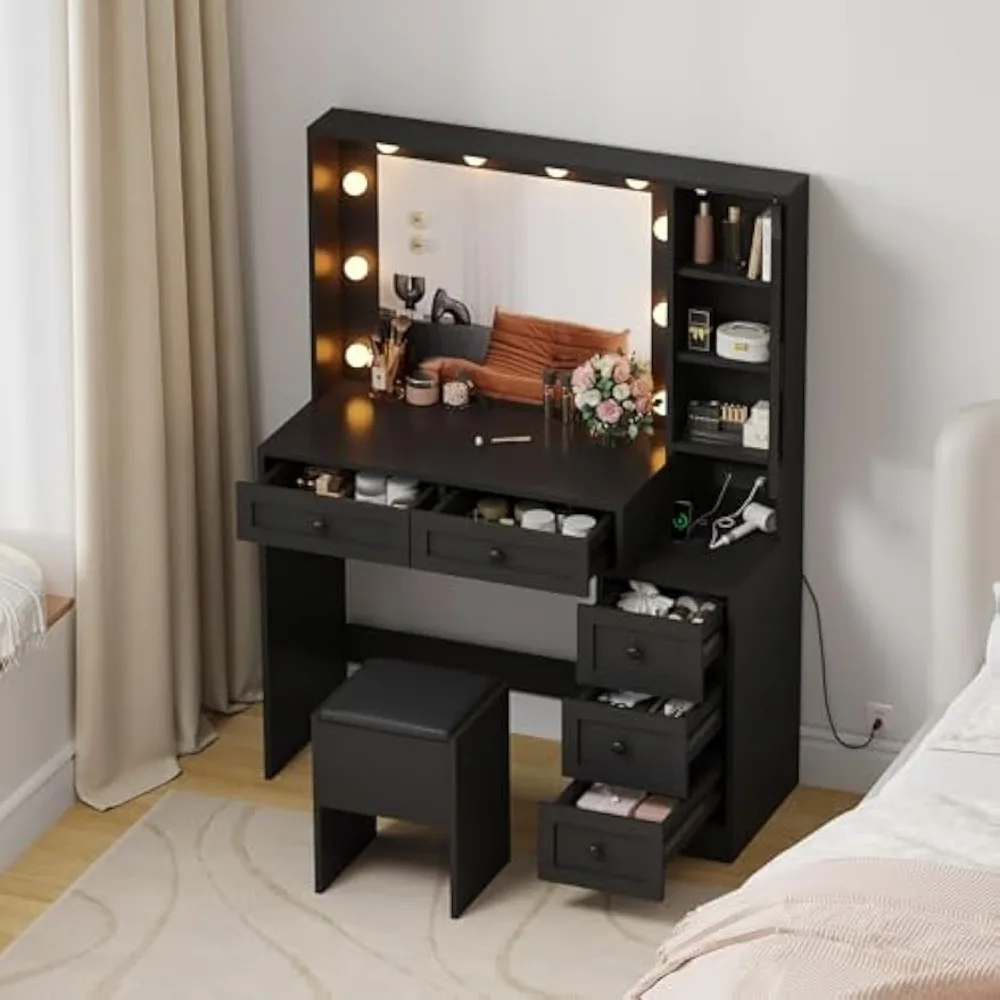 Makeup Vanity and Chairs, Vanity with Lights and Charging Stations, Drawers and Concealed Storage Shelves
Makeup Vanity and Chairs, Vanity with Lights and Charging Stations, Drawers and Concealed Storage Shelves