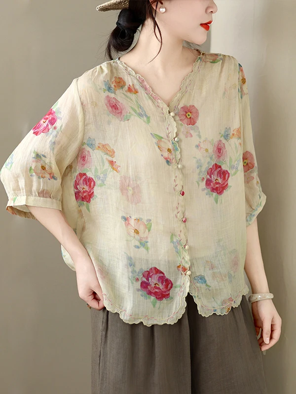 Retro V-neck Printed Linen Five-quarter Sleeve Shirt Women's Loose Slimming Top Summer New Single-button Fashionable Blouse
Retro V-neck Printed Linen Five-quarter Sleeve Shirt Women's Loose Slimming Top Summer New Single-button Fashionable Blouse