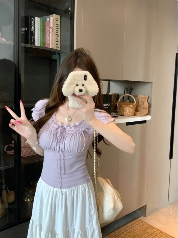 Sweet Spicy Girl Purple Lace Trim ort Sve T-irt Women's Slimming Summer Faionable Unique Design Top Cotton Blend
Sweet Spicy Girl Purple Lace Trim ort Sve T-irt Women's Slimming Summer Faionable Unique Design Top Cotton Blend