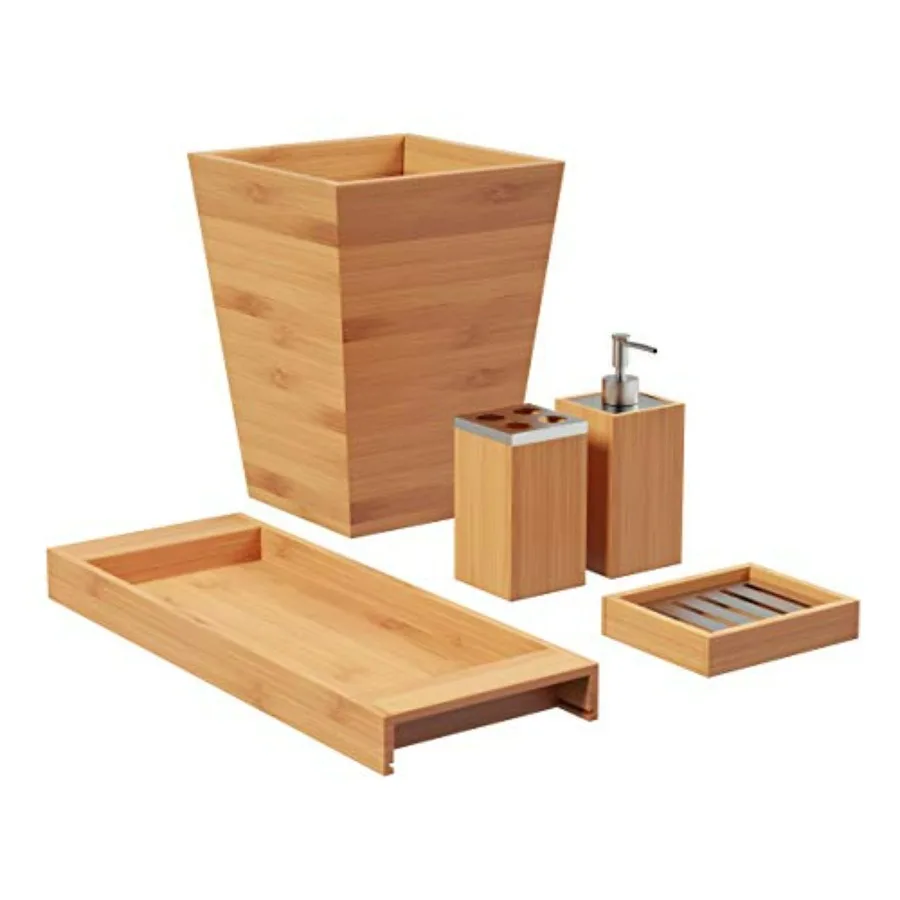 5-Piece Bathroom Decor Set - Natural Bamboo Vanity Accessories with Trash Bin Soap Dish Soap Dispenser Toothbrush Holder and Tr
5-Piece Bathroom Decor Set - Natural Bamboo Vanity Accessories with Trash Bin Soap Dish Soap Dispenser Toothbrush Holder and Tr