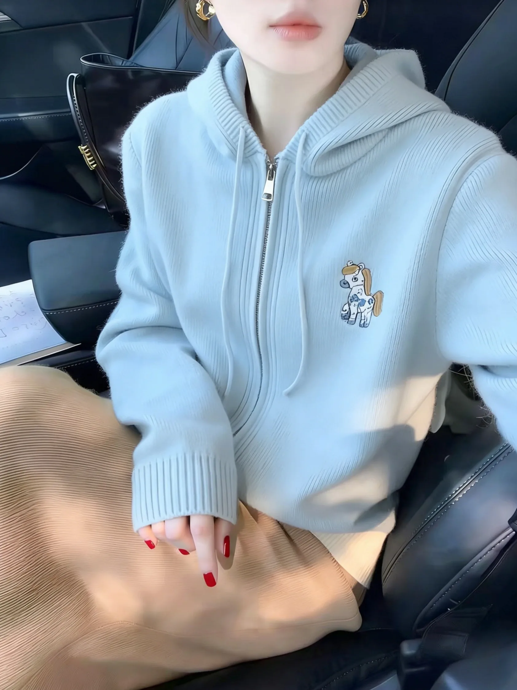Dopne Blue Zipper Open Cardigan Sweater Women's Loose Cartoon Embroidery Unique Anti-aging Knitted Top Women
Dopne Blue Zipper Open Cardigan Sweater Women's Loose Cartoon Embroidery Unique Anti-aging Knitted Top Women