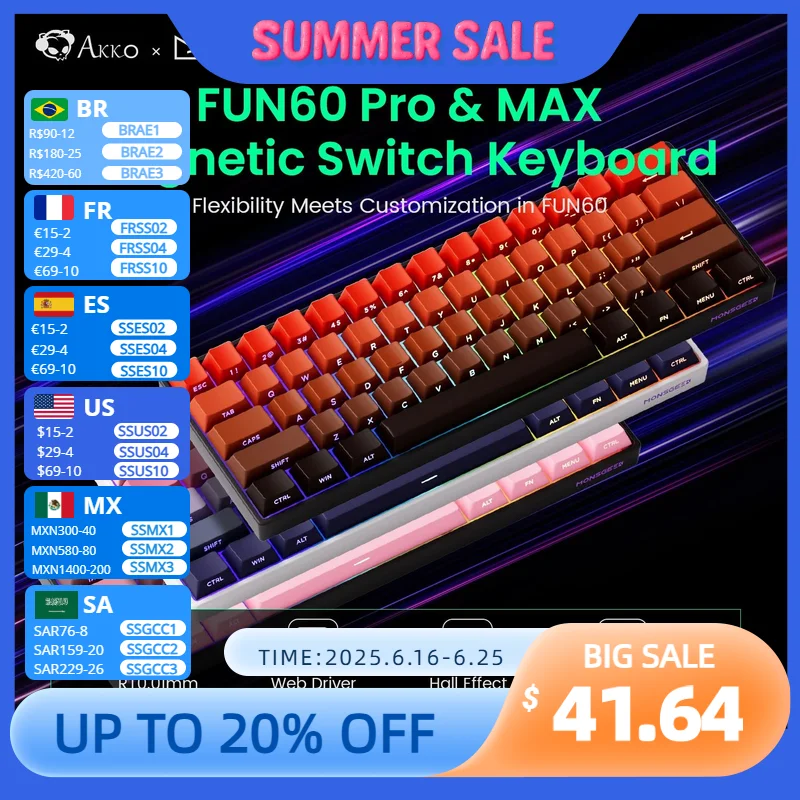 Akko MonsGeek FUN60 PRO&MAX HE Механическая клавиатура Магнитный переключатель 60% Игровая клавиатура для киберспорта Быстрый триггер 8K Пользовательская клавиатура
Akko MonsGeek FUN60 PRO&MAX HE Механическая клавиатура Магнитный переключатель 60% Игровая клавиатура для киберспорта Быстрый триггер 8K Пользовательская клавиатура
