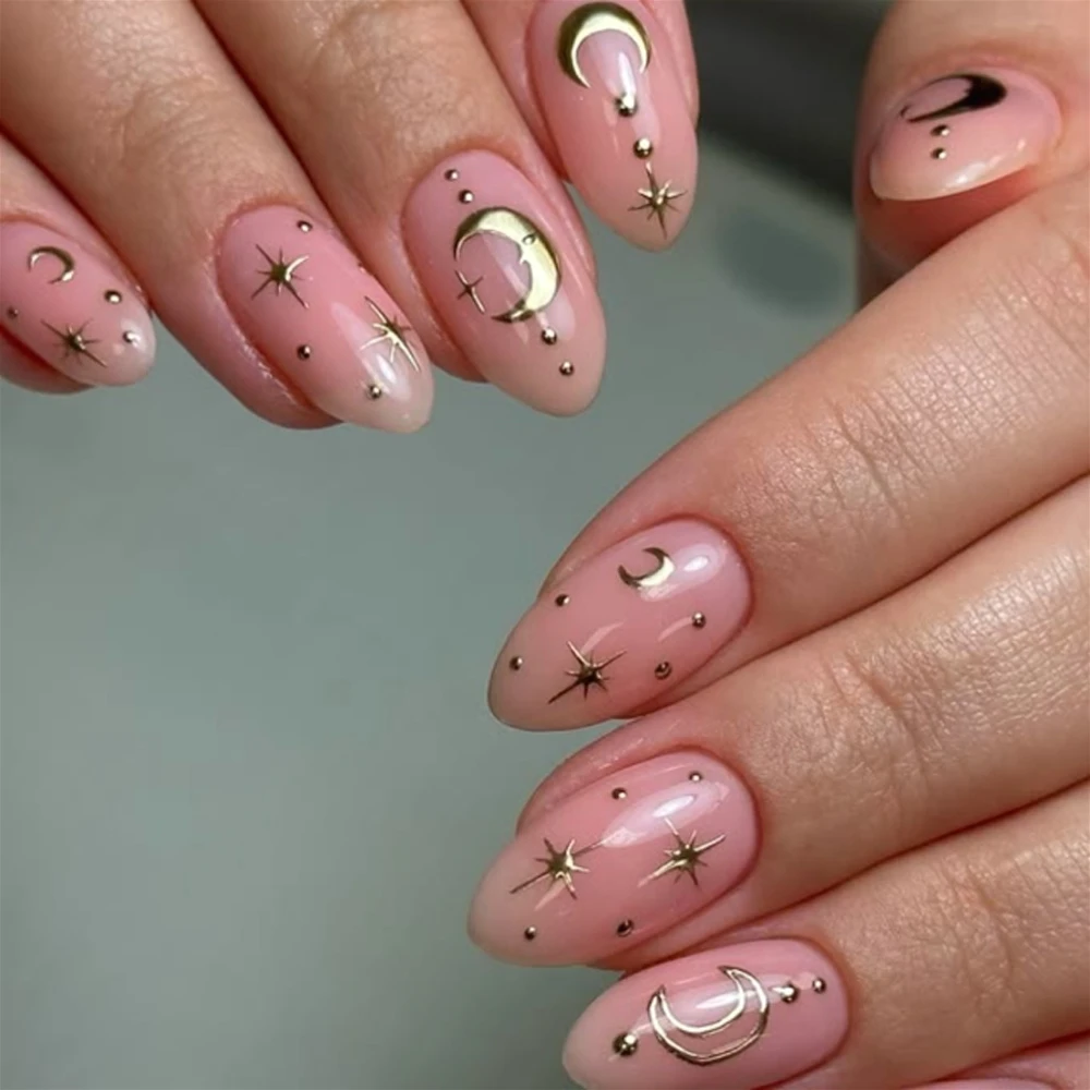 Golden Stars Moon Nude Pink Nail Art Fashion Short Almond Wearable Fake Nails Detachable Finished False Nails Press on Nails
Golden Stars Moon Nude Pink Nail Art Fashion Short Almond Wearable Fake Nails Detachable Finished False Nails Press on Nails