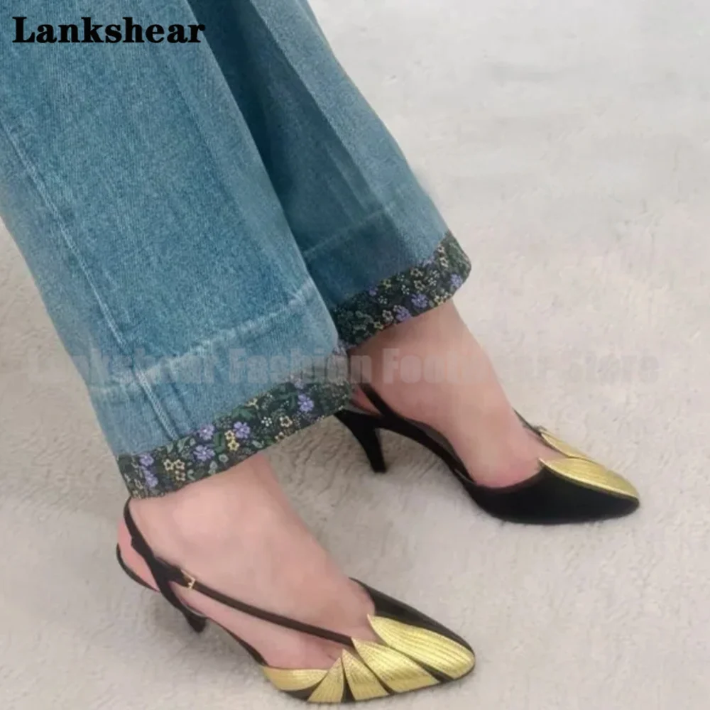 Pointed Toe Gold Leaf Stiletto Sandals Pointy Toe High Heels Pumps Cross Straps Mixed Color Women Shoes Designer Botas Mujer
Pointed Toe Gold Leaf Stiletto Sandals Pointy Toe High Heels Pumps Cross Straps Mixed Color Women Shoes Designer Botas Mujer