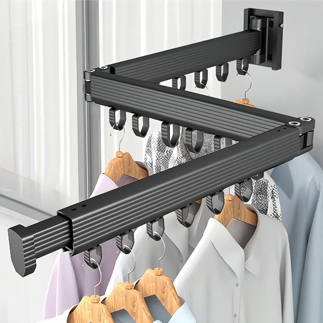 Black Wall-Mounted Triple-Fold Expandable Drying Rack With Anti-Wind Hooks – Compact Collapsible Hanger For Laundry, Balcony,
Black Wall-Mounted Triple-Fold Expandable Drying Rack With Anti-Wind Hooks – Compact Collapsible Hanger For Laundry, Balcony,