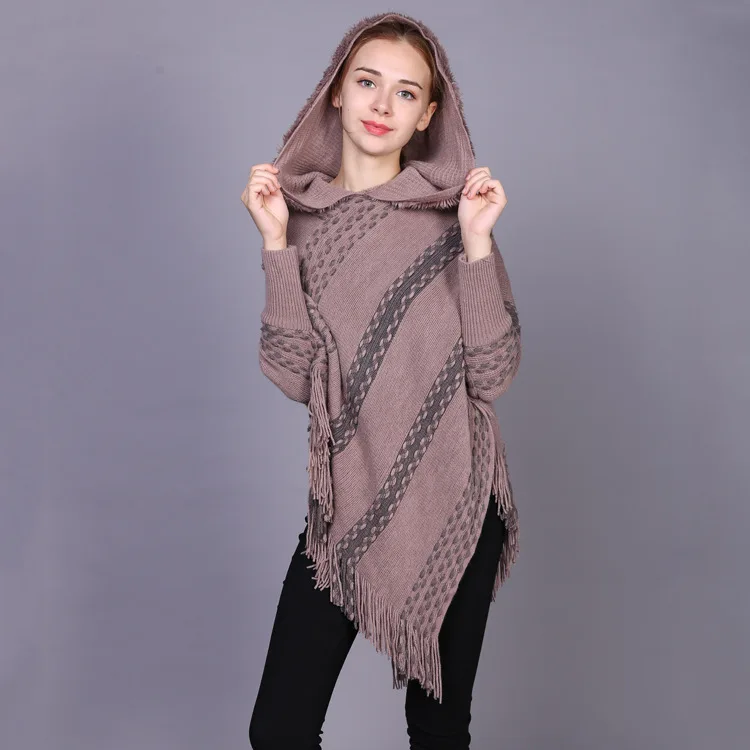 Women's Fall Winter Warm Knitted Striped Long Sleeve Hooded Poncho Cape Jacket Sweater with Tassel Detail Dropshipping
Women's Fall Winter Warm Knitted Striped Long Sleeve Hooded Poncho Cape Jacket Sweater with Tassel Detail Dropshipping