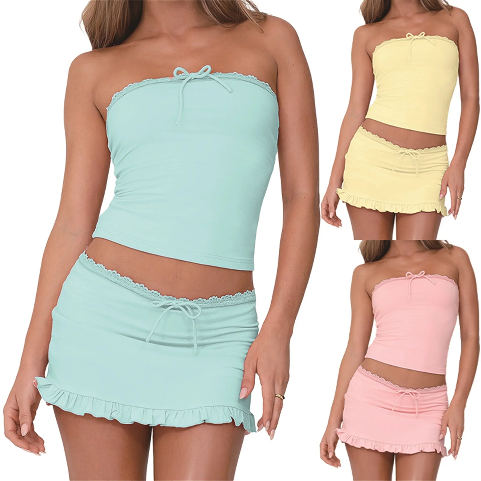 Women Summer Outfits Lace Trim Bow Crop Bandeau and Mini Ruffled Skirt Set 2 Piece for Streetwear Aesthetic Clothes
Women Summer Outfits Lace Trim Bow Crop Bandeau and Mini Ruffled Skirt Set 2 Piece for Streetwear Aesthetic Clothes