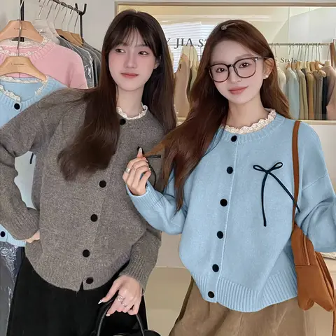 Korean Bow Lace Patchwork Knitted Cardigan Women Autumn Sweet Age Reduction Sweater